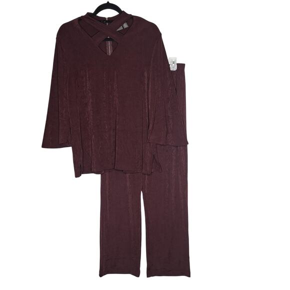Chico's Pants - Chico's Travelers Pants Top Set 2 Large 12 Burgundy Bordeaux Slinky Bell Sleeve
